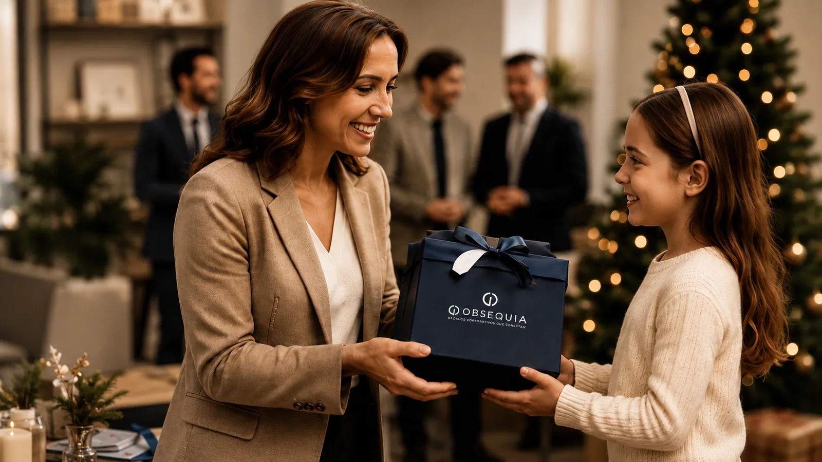 Ejecutiva entregando un regalo OBSEQUIA a una niña en un entorno corporativo